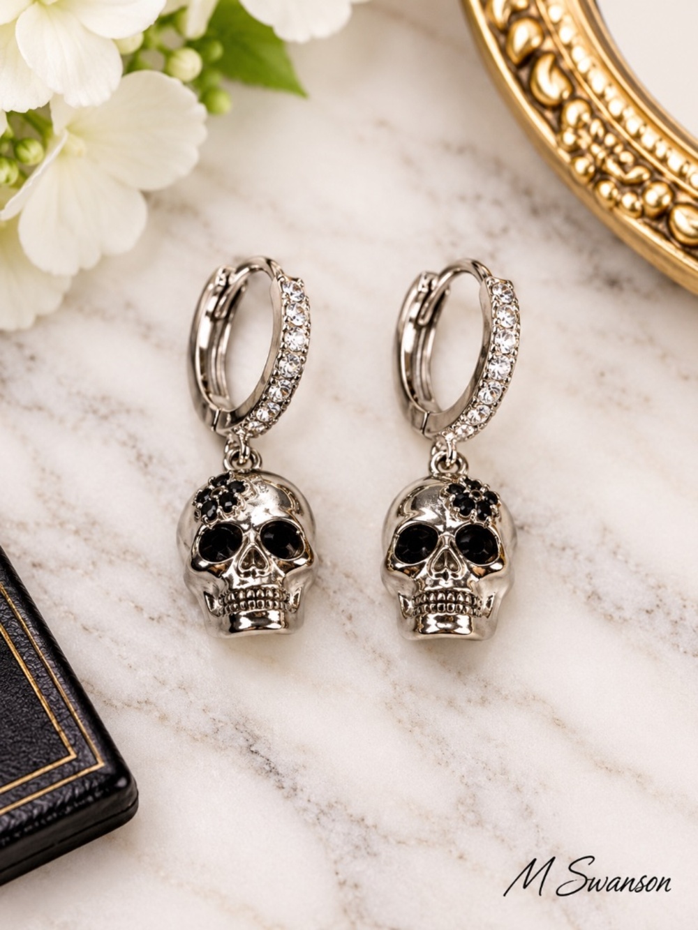 NEW Silver Skull Crystal Huggie Hoop Dangle Earrings Gothic NWT